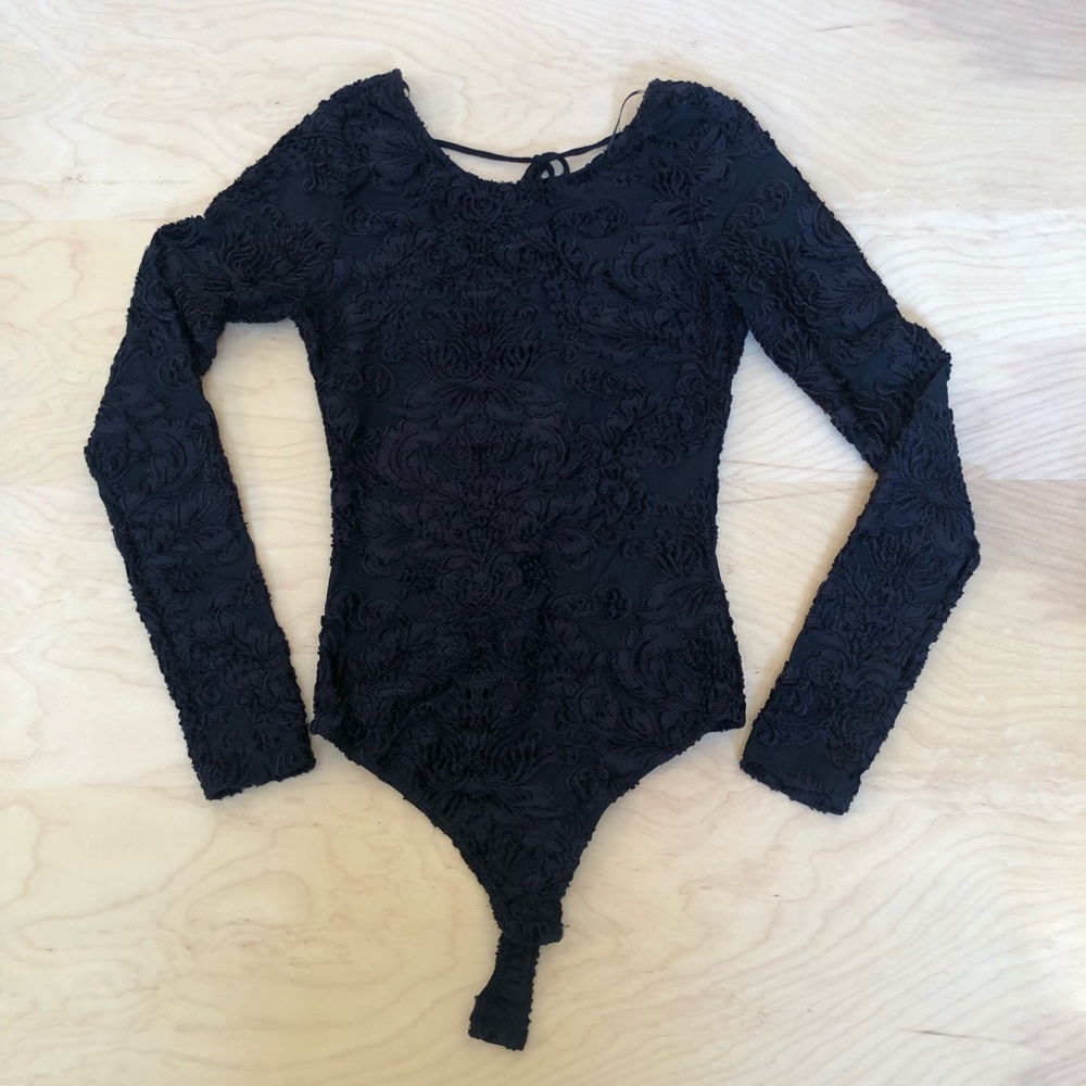 Blanc Black Floral Flocked Bodysuit Small Balletcore dark academia